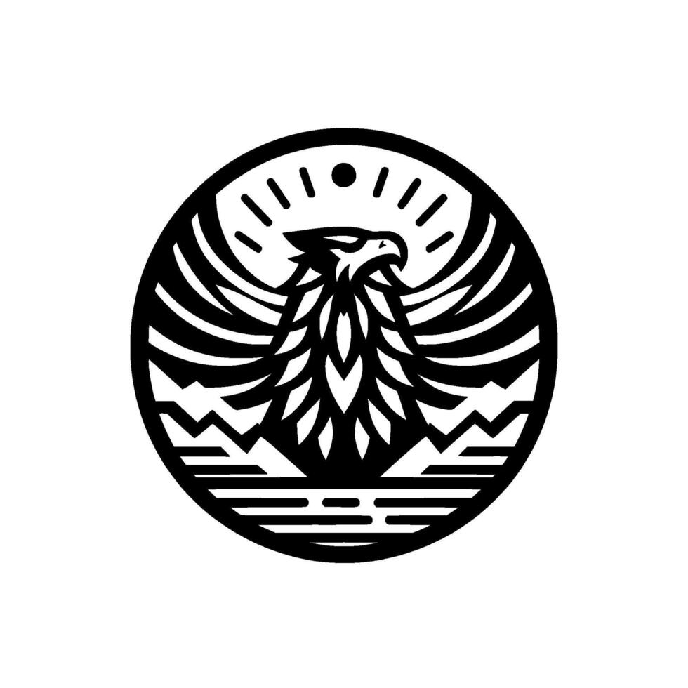 A bold, minimalist circular emblem featuring a stylized eagle with outstretched wings, mountains, and sun rays, rendered in black and white. vector