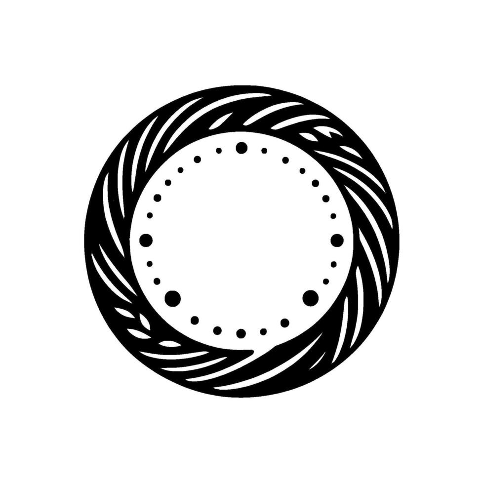 Elegant, symmetrical black and white circular emblem with stylized leaflike patterns and dotted inner ring on a textured white background. vector