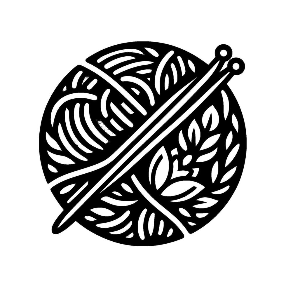 A monochrome illustration of a yarn ball with knitting needles, and leafy details, representing the craft of knitting. vector