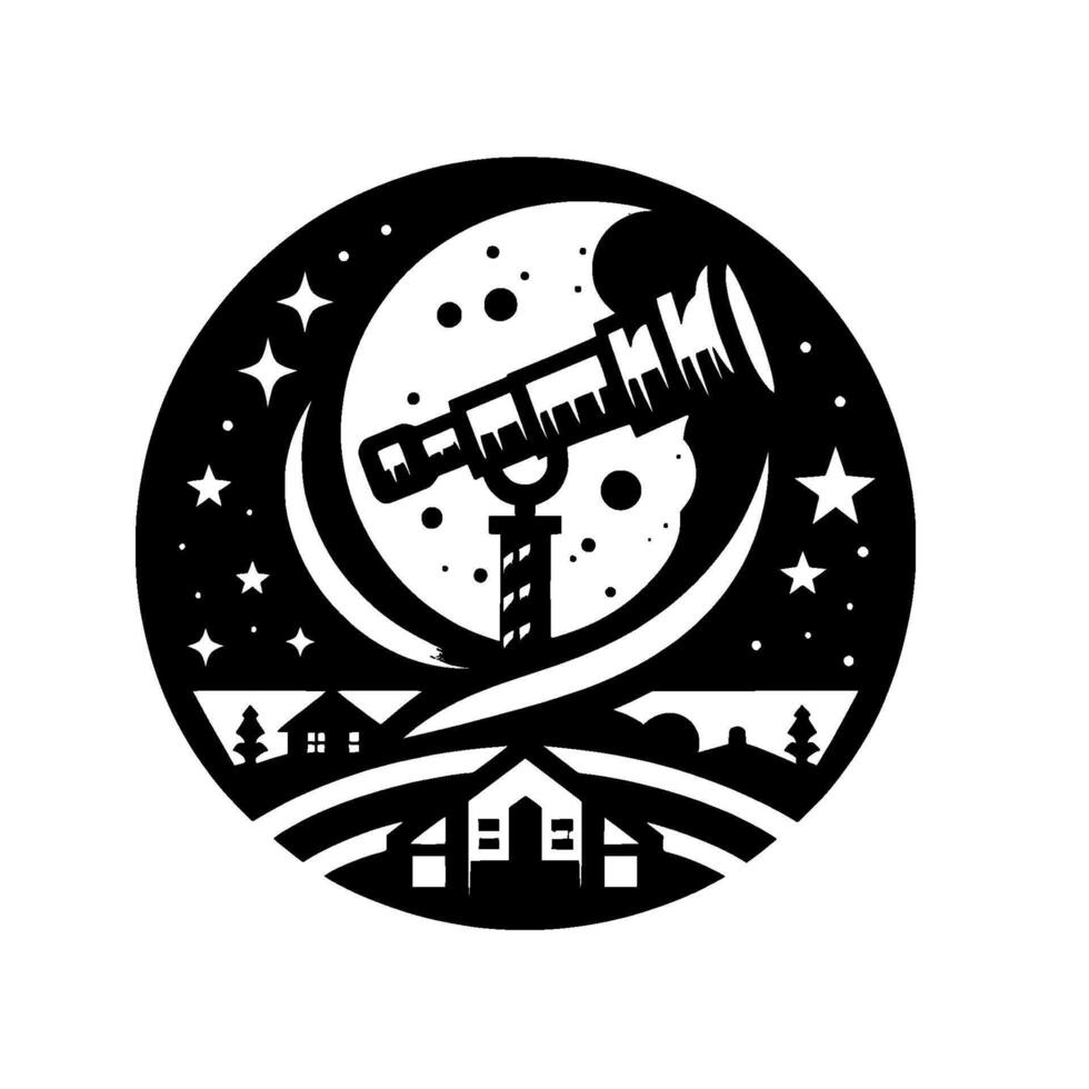 Black and white circular art featuring a telescope observing a crescent moon, stars, and a landscape of houses and trees, evoking night sky exploration. vector