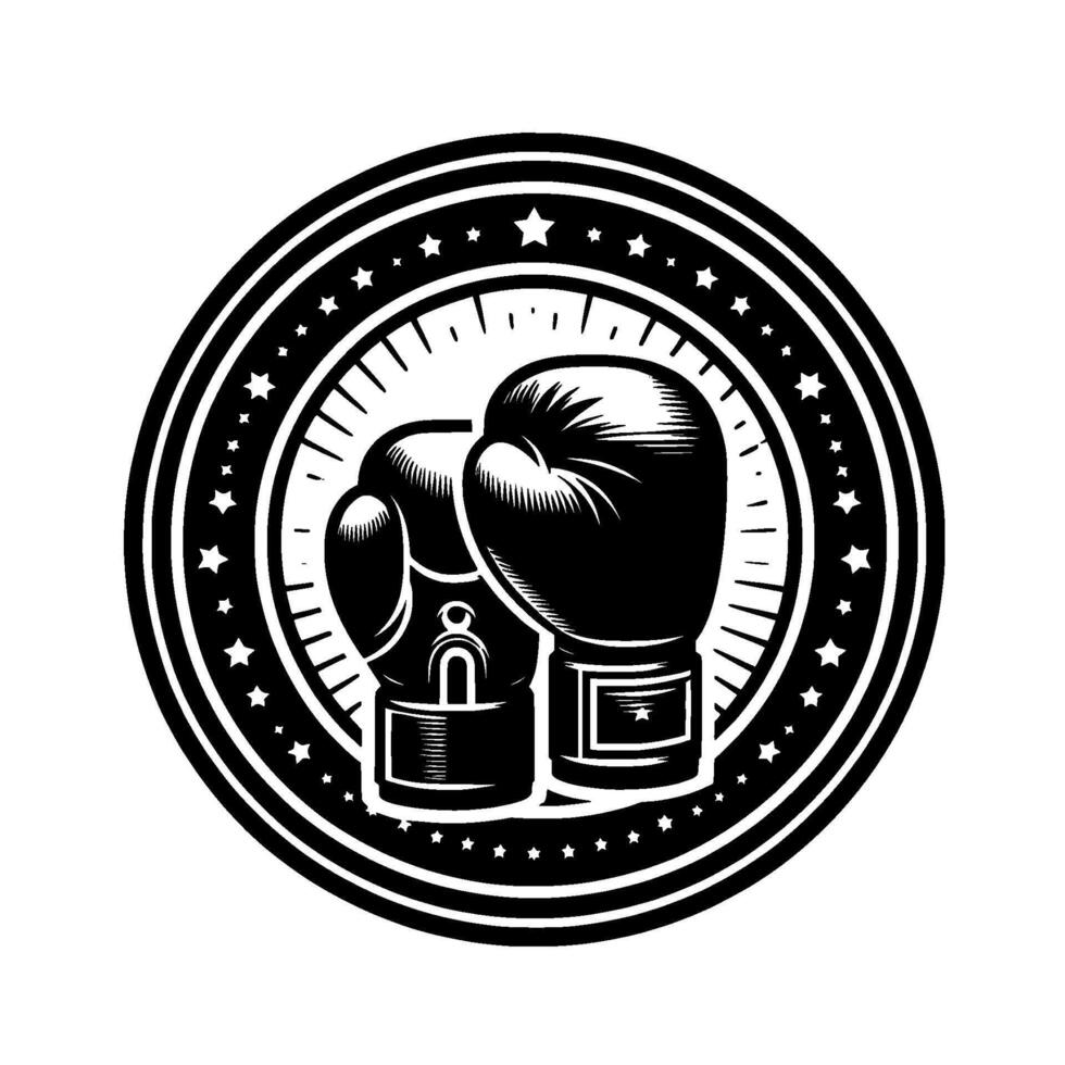 Black and white boxing gloves emblem within a starstudded circular border, signifying sport and competition. vector