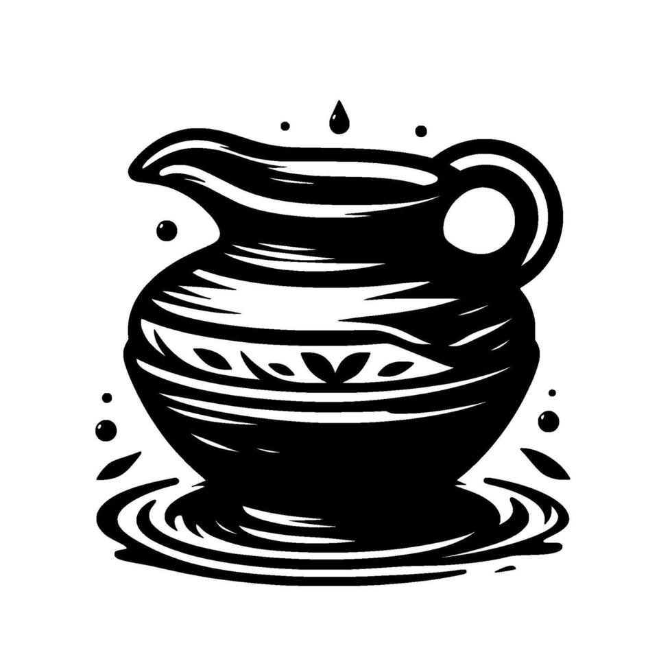 illustration of an antique black and white pottery pitcher with stylized water droplets and decorative ripples, on a plain white background. vector