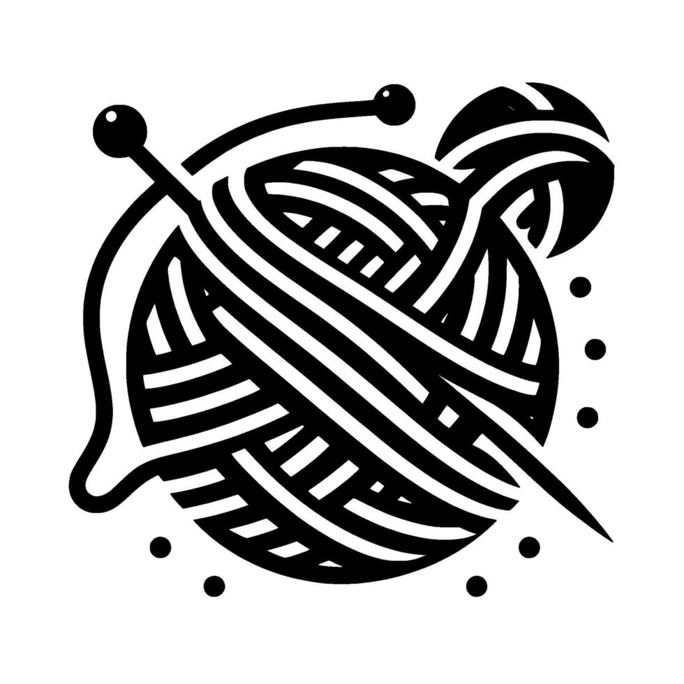 Black and White minimalist illustration of a yarn ball with knitting needles, circular arrangement, dotted accents, and a stylized aesthetic. vector