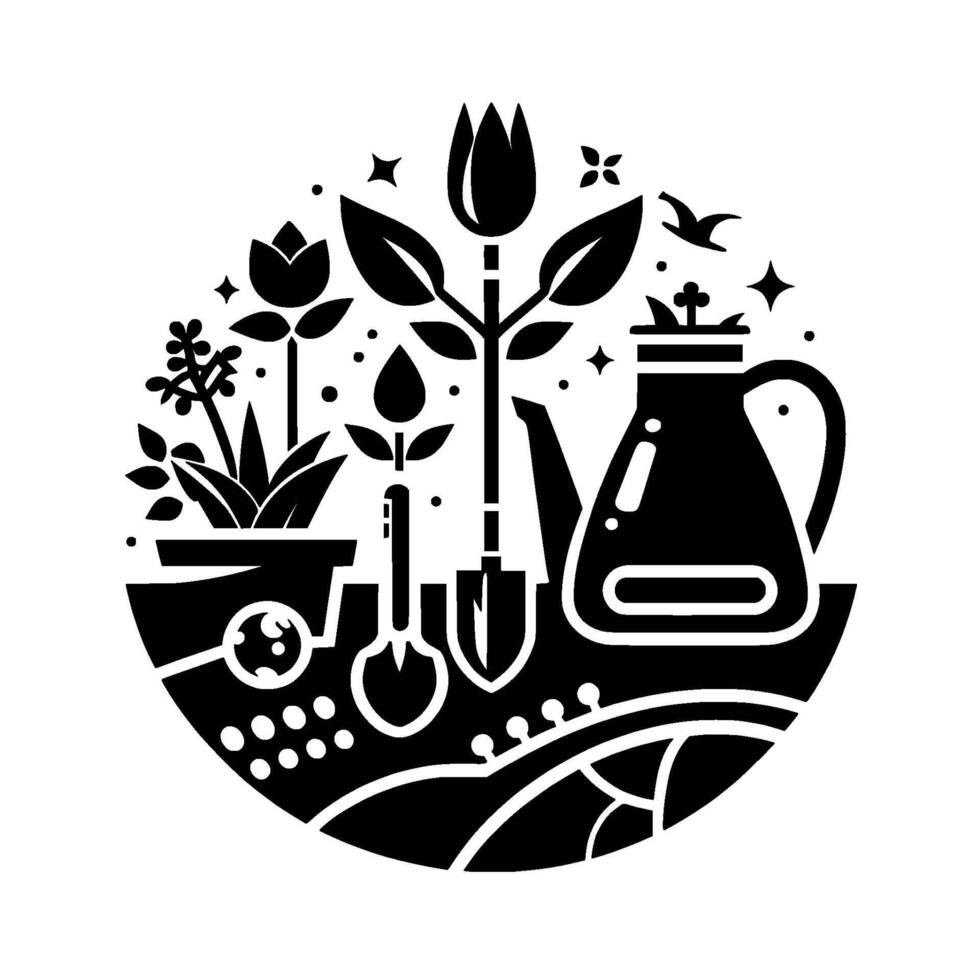 Stylized Gardening Black and White Circle Composition with Tulips, Tools, a Watering Can, and Foliage, Symbolic of Growth and Care. vector