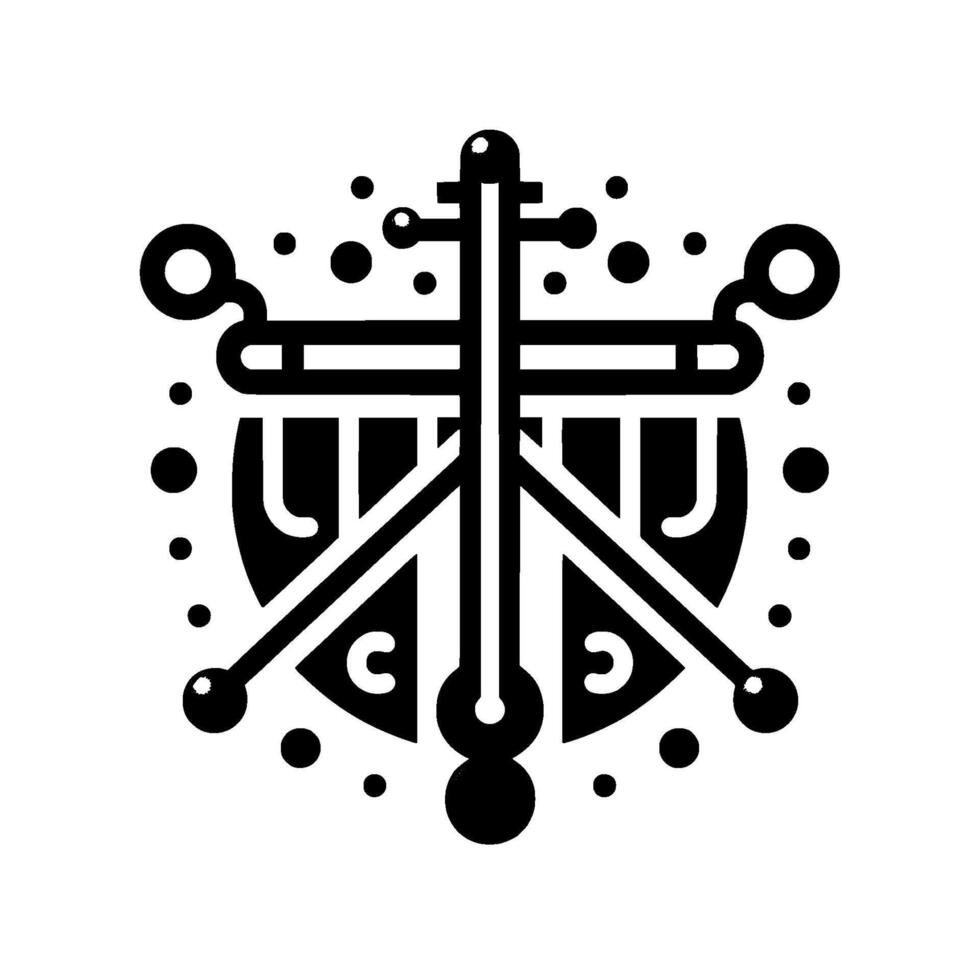 Abstract geometric symbol in black and white, featuring a central crosslike structure, surrounded by stylized elements, creating a symmetrical, balanced composition. vector