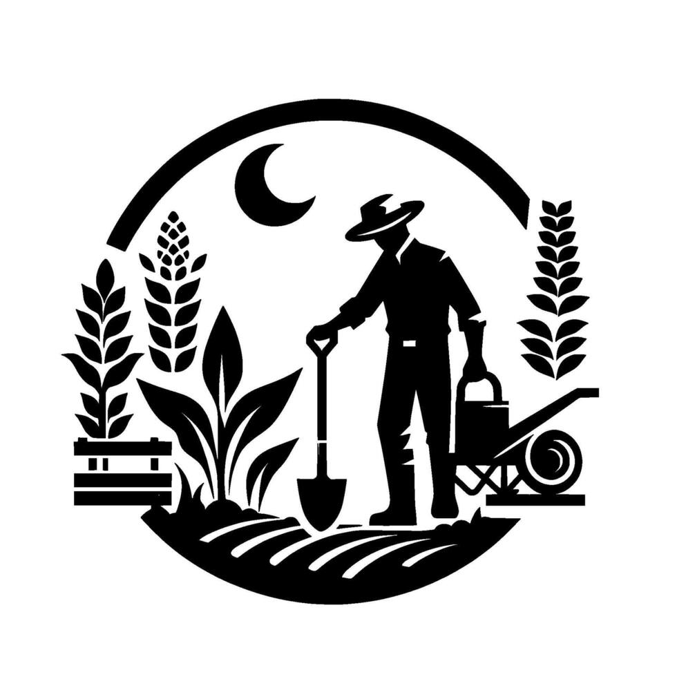 Monochromatic farm depicting a farmer with shovel surrounded by wheat, plants, crops, moon, and water cart. vector