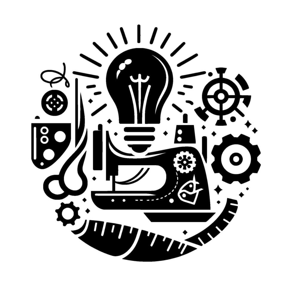 Circular Black White Illustration of a Sewing Machine with Lightbulb, and Crafting Elements vector