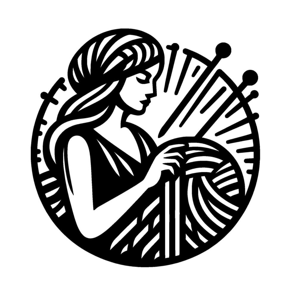 Monochrome emblem of a woman knitting within a circular frame, with yarn, needles, and a vintage, stylized , reminiscent of an artisanal craft. vector