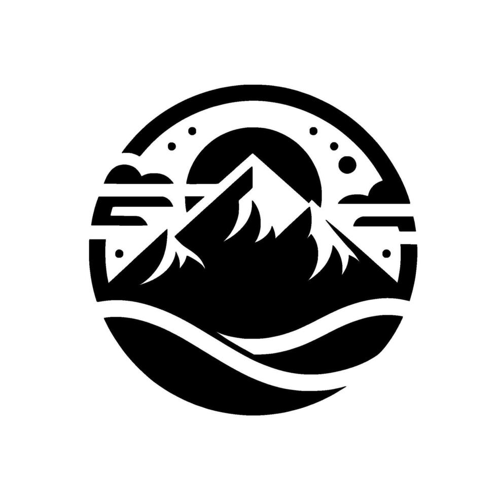 Bold Black and White Mountain Landscape Within a Circle, Featuring Clouds, Sun, and Water. vector