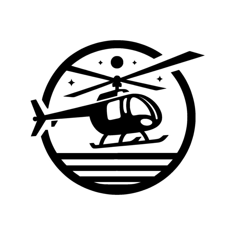 Stylized Black Helicopter Silhouette Inside a Circle with Stars and Horizontal Lines. vector