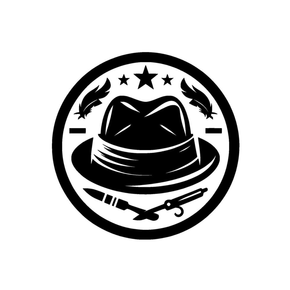 Sleek, monochromatic emblem featuring a fedora, star accents, feathers, a knife, and a peculiar tool, all encircled within a bold ring. vector