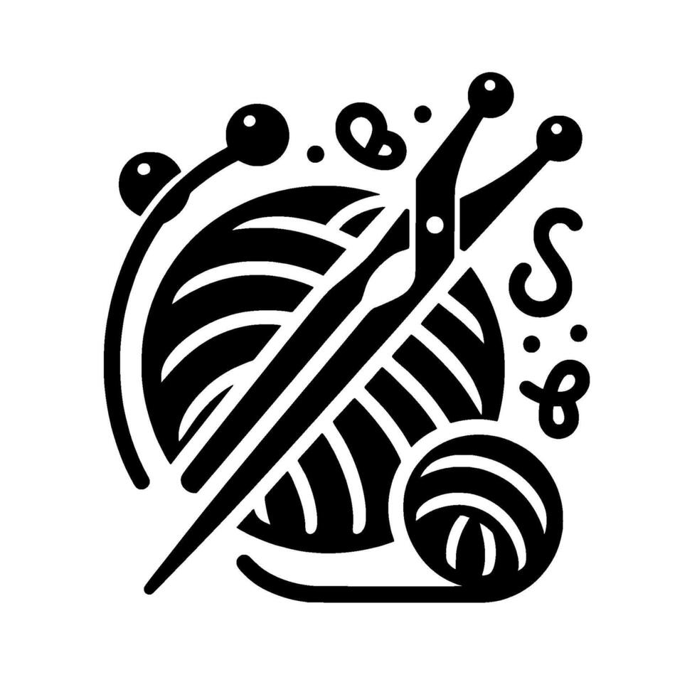 Monochromatic Illustration of Yarn Ball, Knitting Needles, and Crochet Elements, in a stylized, clean . vector
