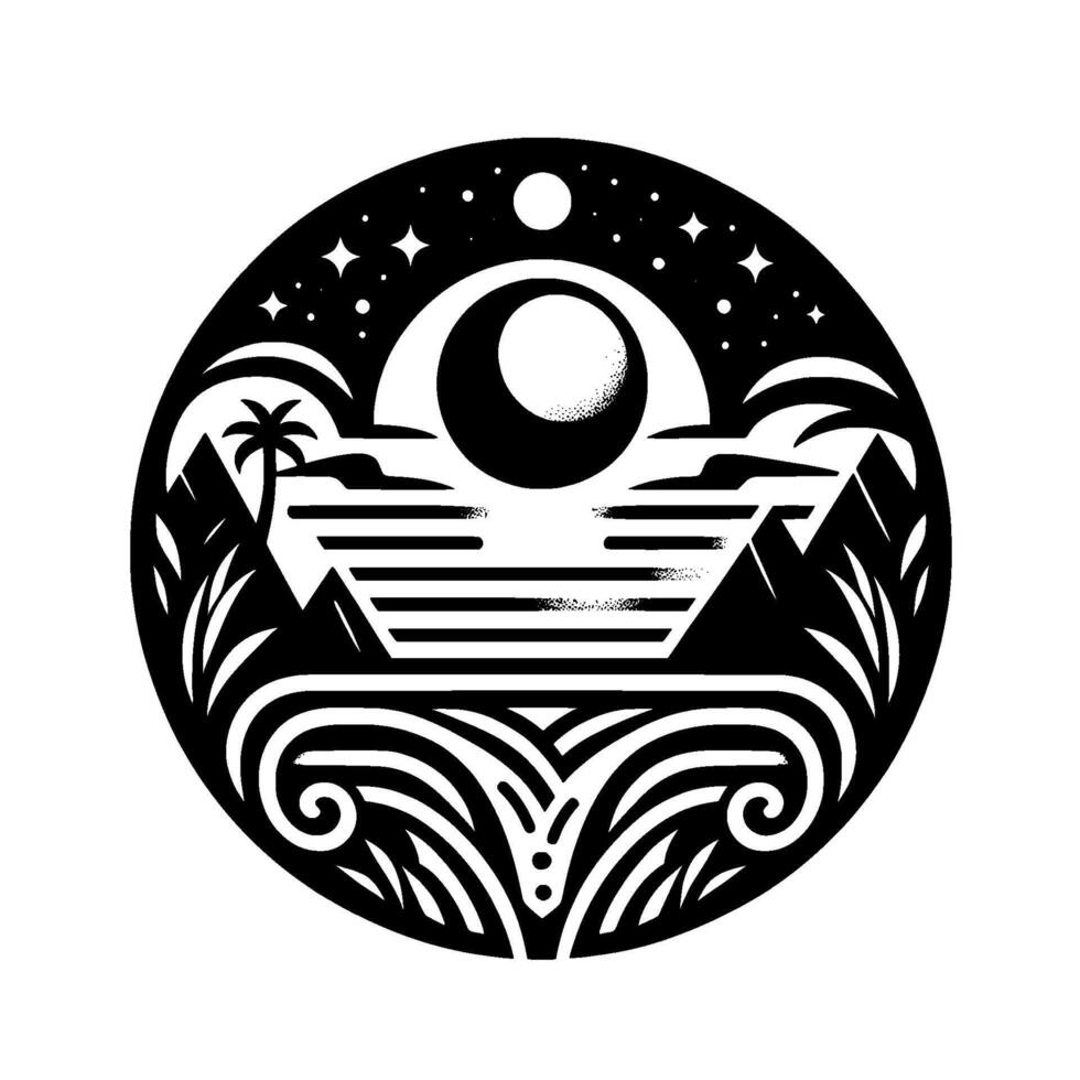 Circular Black and White Coastal Sunset , Featuring Moon, Palm Tree, and Stylized Waves, Evoking Tranquility. vector