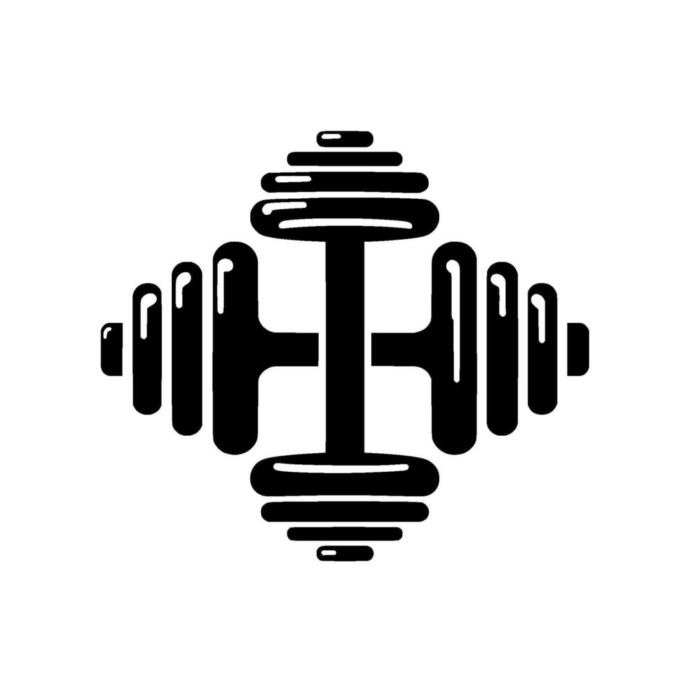 Symmetrical, minimalist black dumbbell , flat stylized fitness on white background, conveying strength. vector