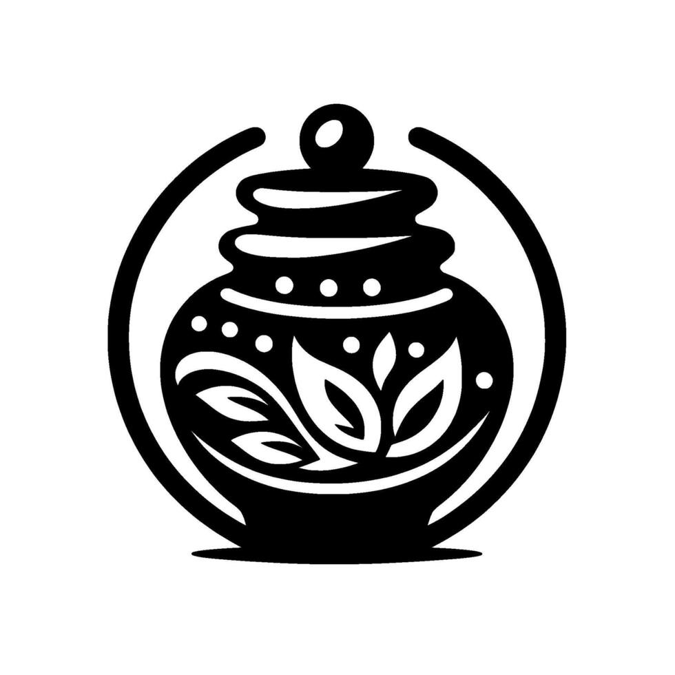 Black and White Pottery Illustration with Ornate Floral , Circular Frame, and Detailed Ornamentation on a Clean White Background. vector