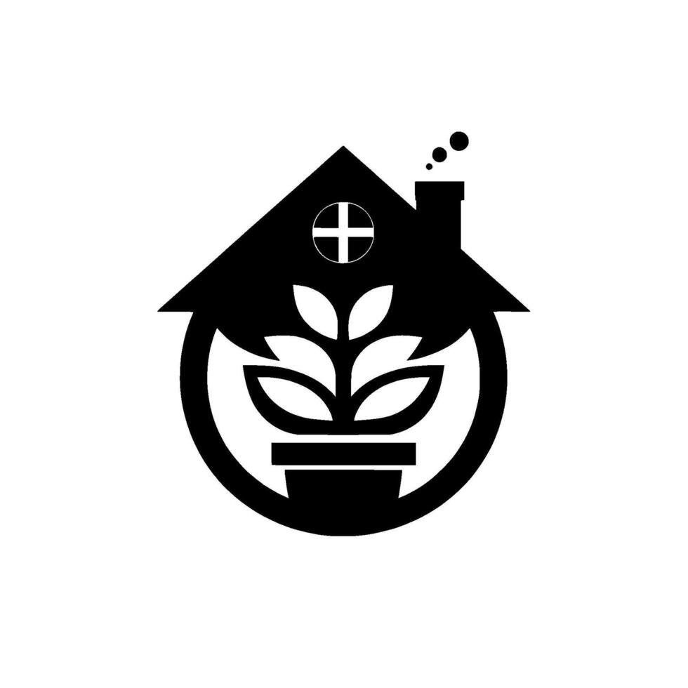 A minimalist black and white depicting a house embracing a potted plant with a cross, symbolizing ecofriendliness and home care. vector