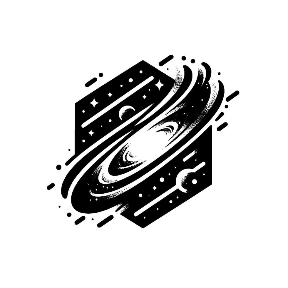 Monochromatic Cosmic Illustration Geometric Galaxy Within a Hexagon, Stars, Moons, and Celestial Dust in a Stippled, Stylized . vector