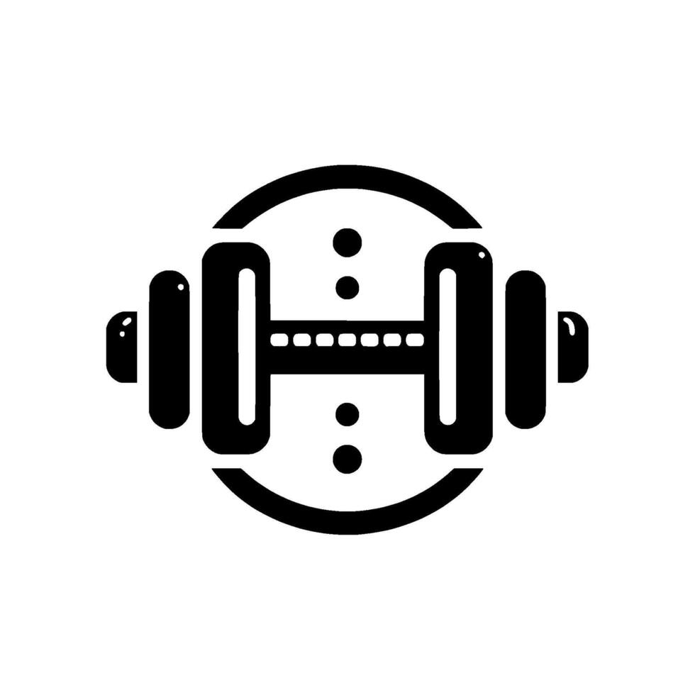 Minimalist Black Dumbbell within a Circle, Dots, and Dotted Line, Isolated on a White Background. vector