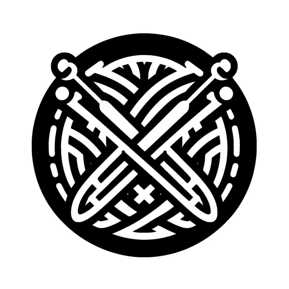 Stylized Black and White Emblem Crossed Knitting Needles Over Interwoven Yarn Within a Circular Border on White Background. vector