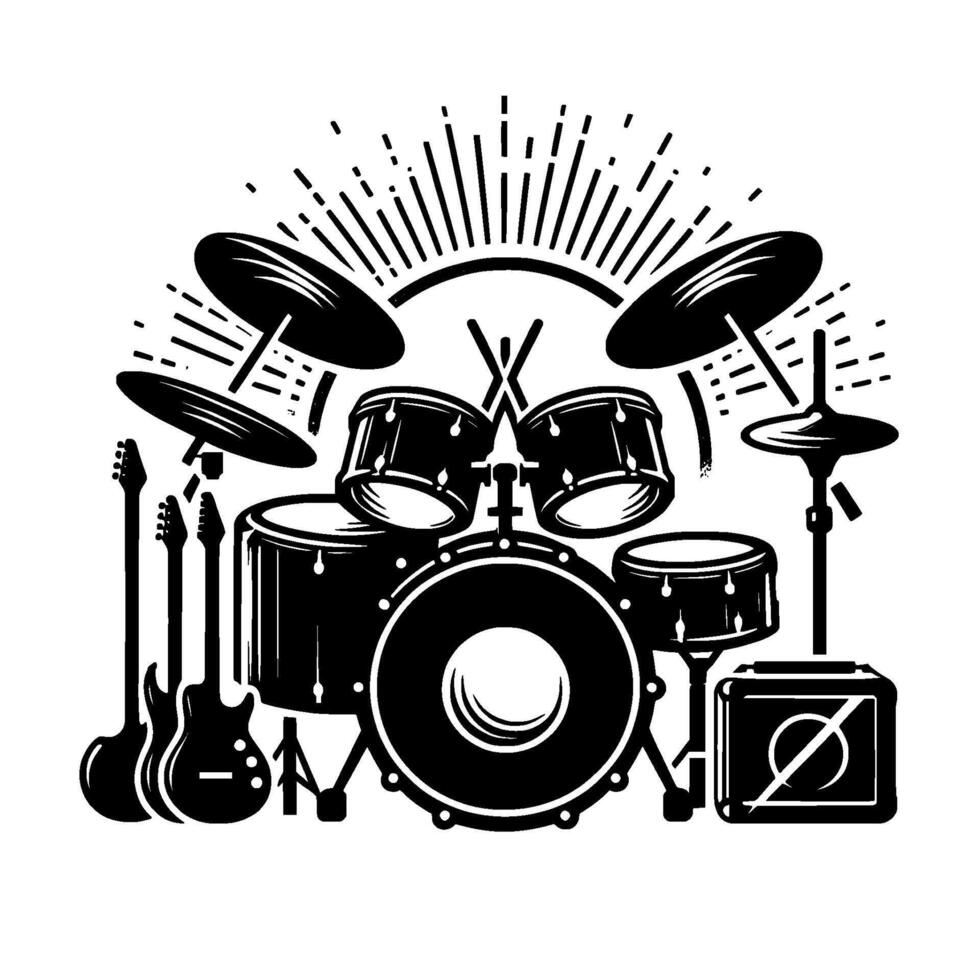 Monochromatic Illustration A stylized drum kit, guitars, and amp, radiating musical energy with radial burst. vector