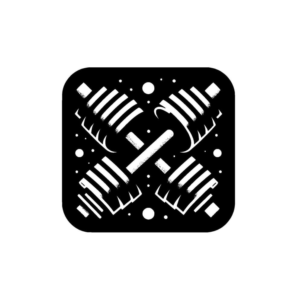 Illustration of Crossed Dumbbells Within a Black Square, Featuring Minimalist and White Detail, Representing Fitness and Strength. vector