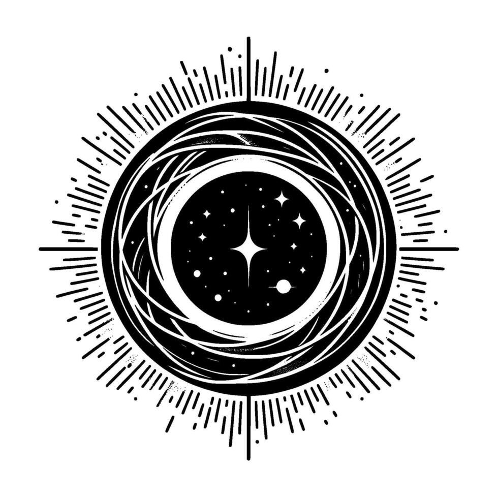 Symbolic Celestial Illustration Circular Cosmos with Starburst, Black Hole, and Radiating Lines Minimalist vector