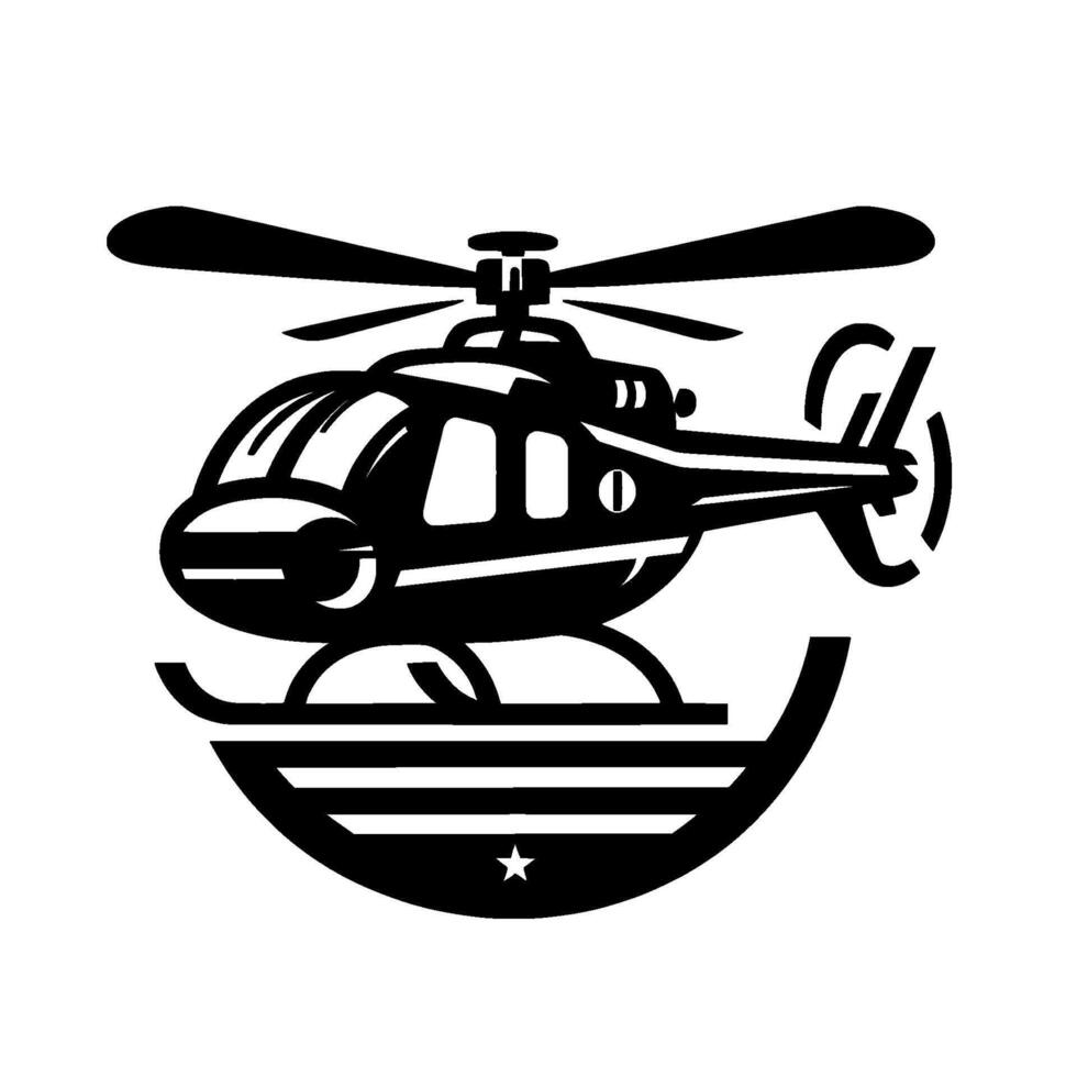 Black and white illustration of a helicopter with spinning rotors, superimposed on a stylized crest featuring a star, signifying movement. vector