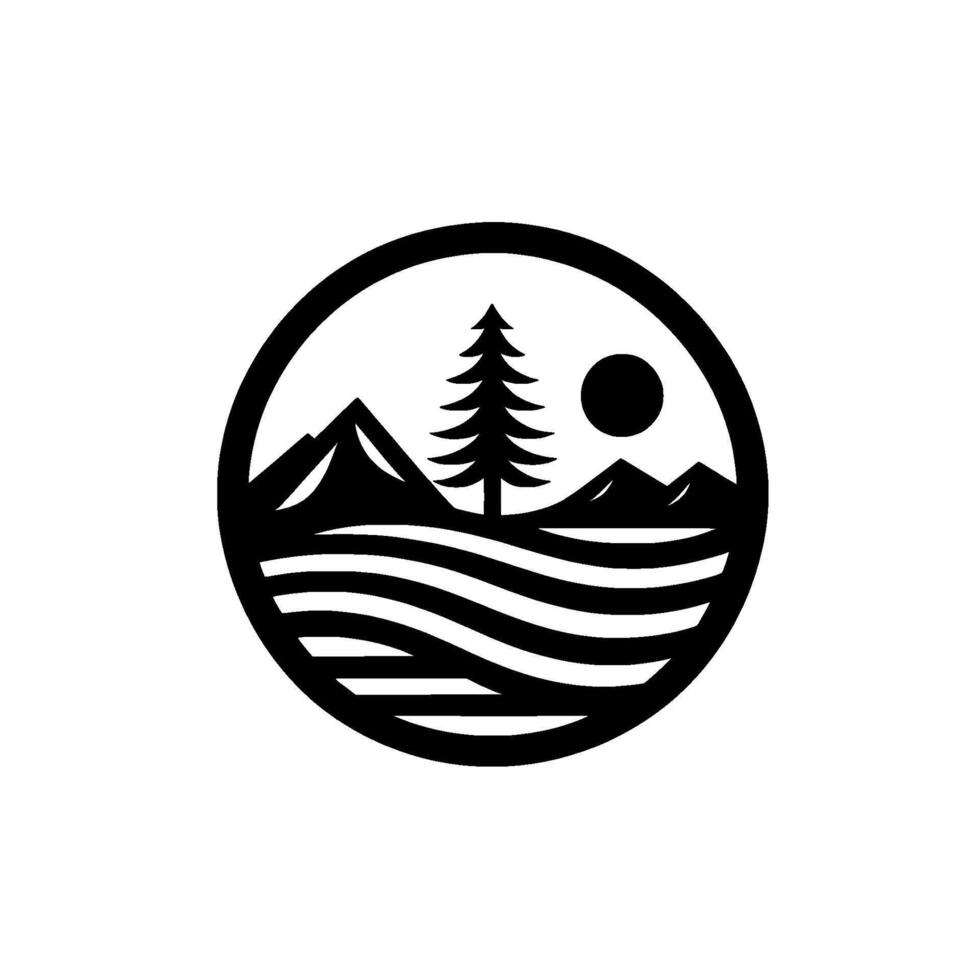Minimalist Black and White Circle Depicting a Scenic Landscape with Mountains, Pine Tree, Water, and Sun. vector