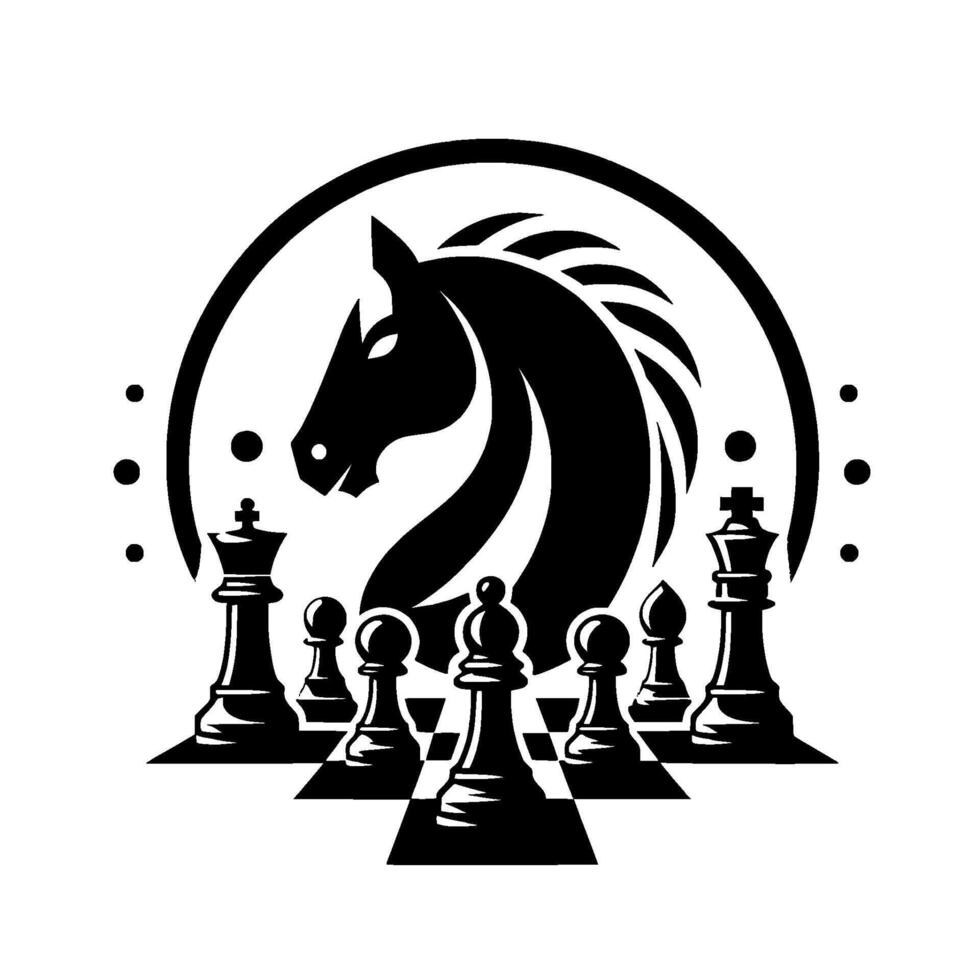 Black and White Chess Game Silhouette, Knight in a Circle, Game Pieces, Board, Strategy, Competition vector