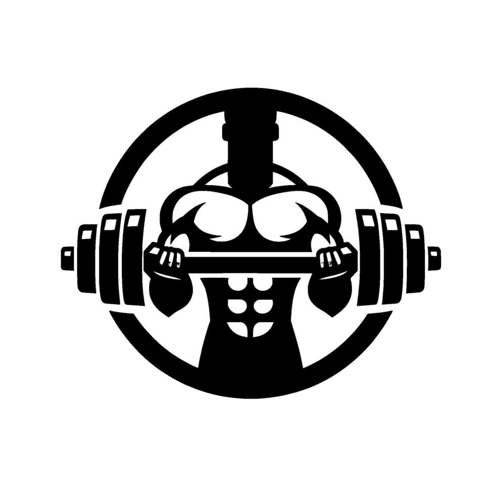 Bold Black and White of a Muscular Bodybuilder Holding a Barbell within a Circular Emblem, Illustrating Strength and Fitness. vector
