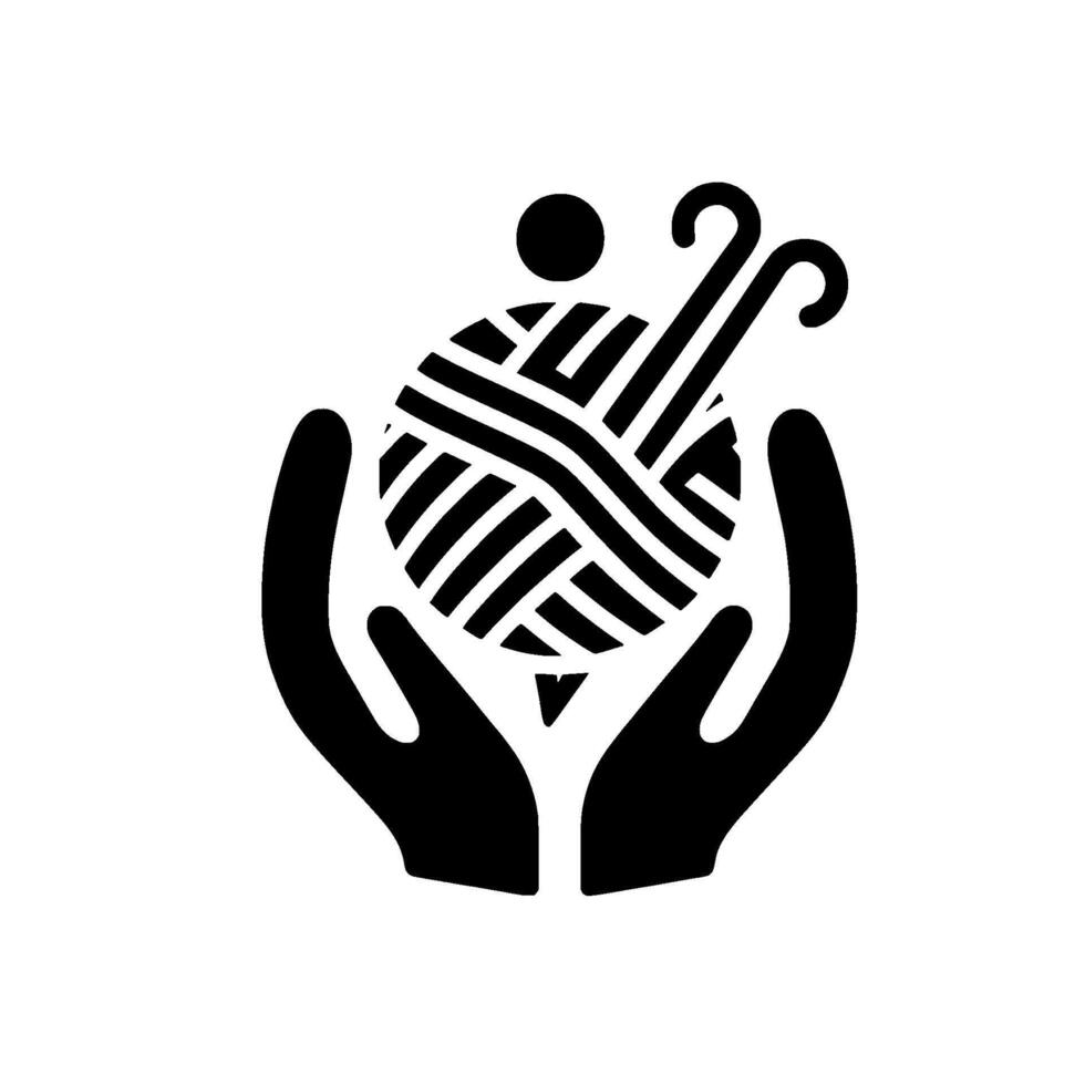 A black and white symbol of a ball of yarn and crochet hooks held lovingly within cupped hands, a minimalist for craft enthusiasts. vector