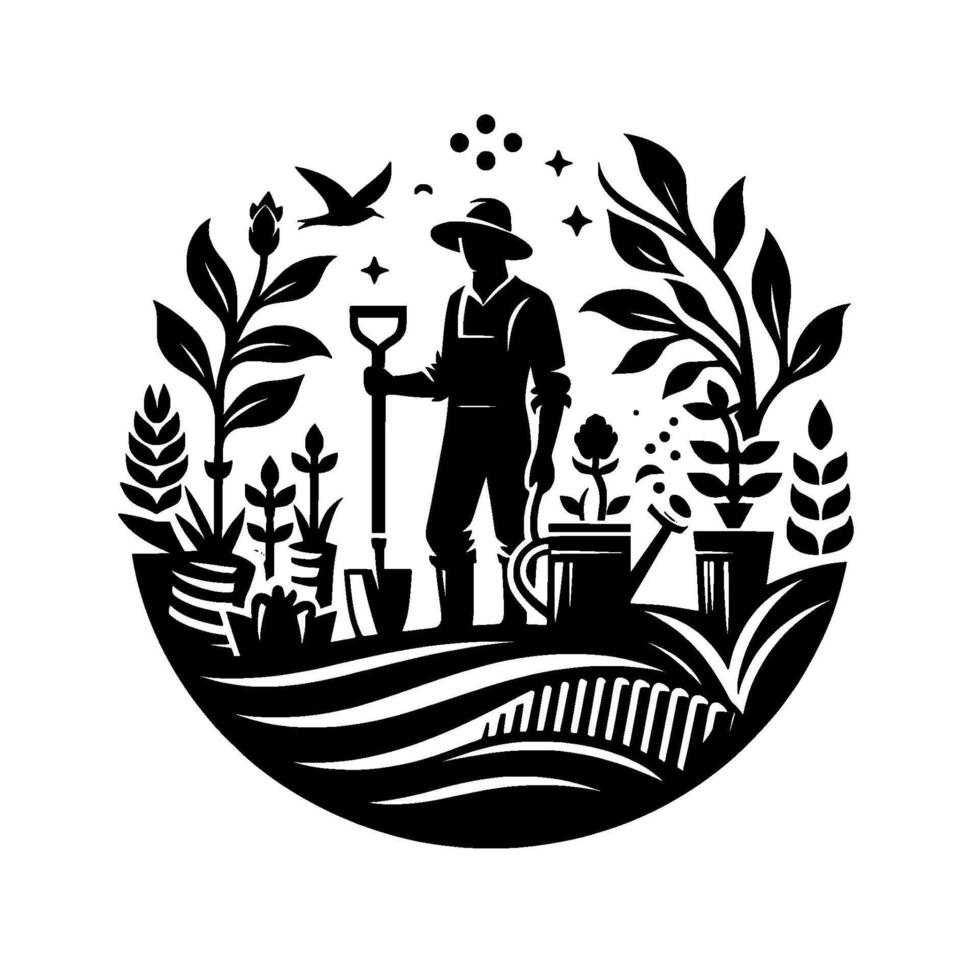 Monochrome Garden Scene A Gardener Amidst Lush Foliage, Stars and a Bird, in a Circular Composition. vector