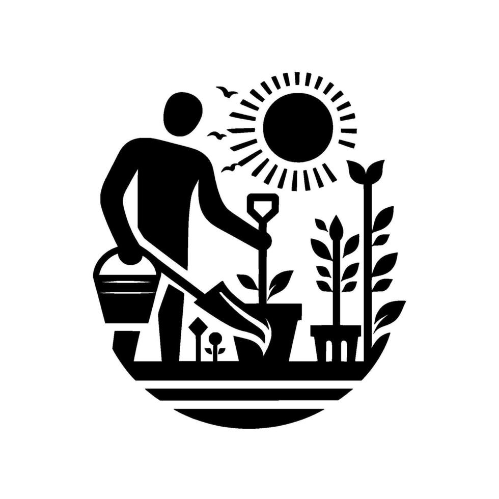 Symbolic Black and White Illustration Gardener tending plants under a bright sun, birds soaring above, in a rounded garden composition. vector
