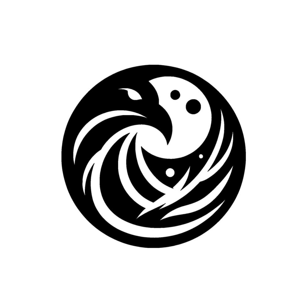 A stylized black and white emblem depicting an eagles head and waves surrounding a moonlike shape, symbolizing balance and nature. vector