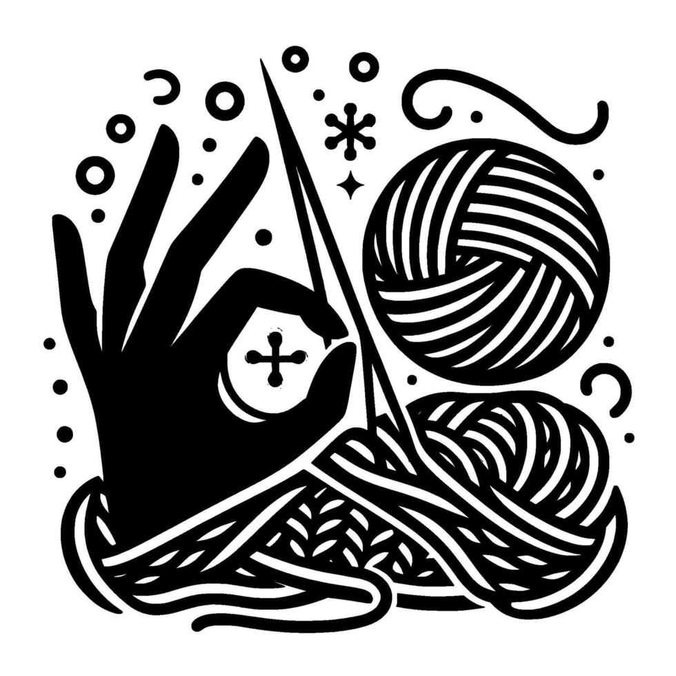 Artistic Black White Illustration of Hand Gesturing OK Over Sewing, with Yarn Ball, Needles, and Textured Yarn vector