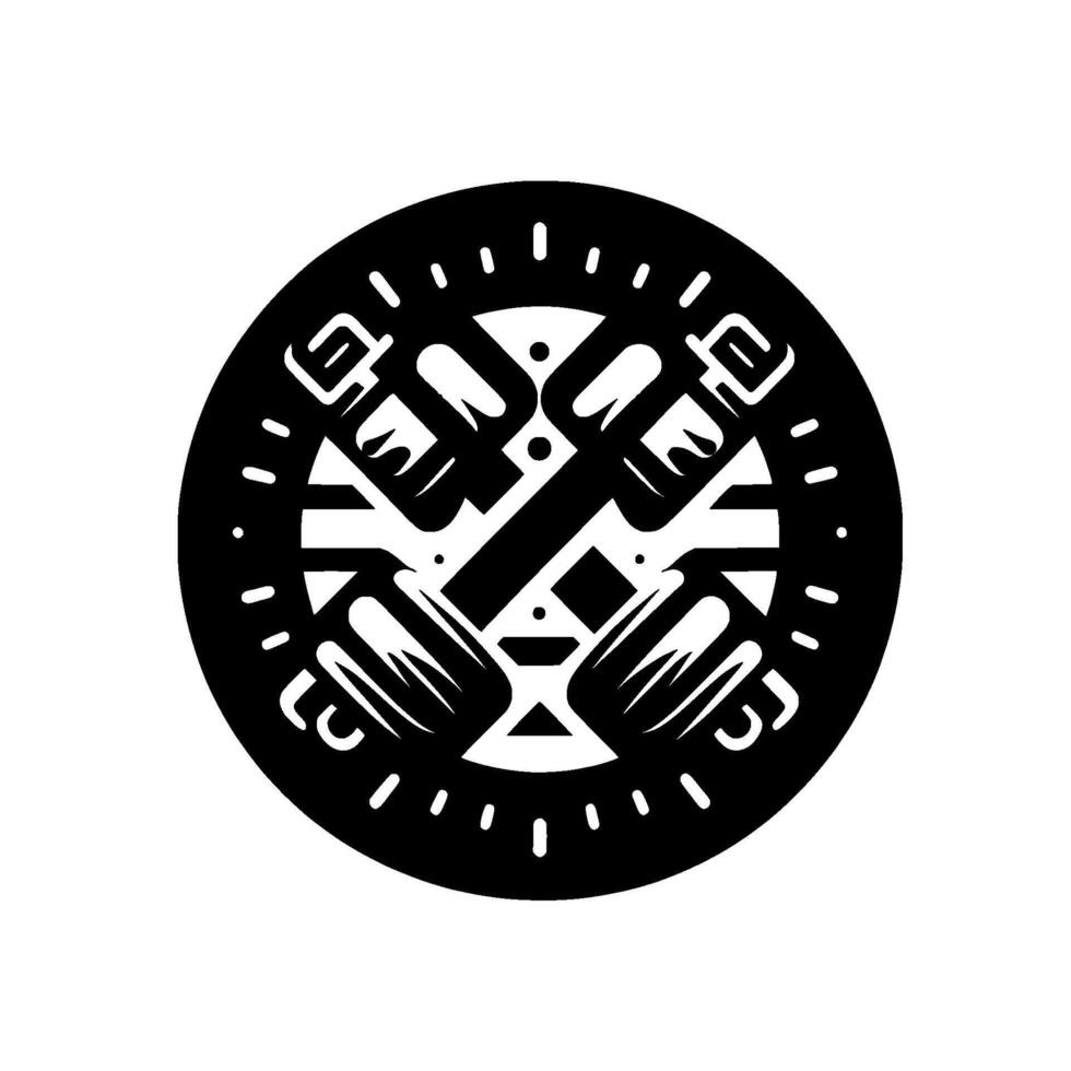Black and white minimalist circular emblem featuring crossed tools grasped by stylized hands within a dotted border, conveying strength. vector