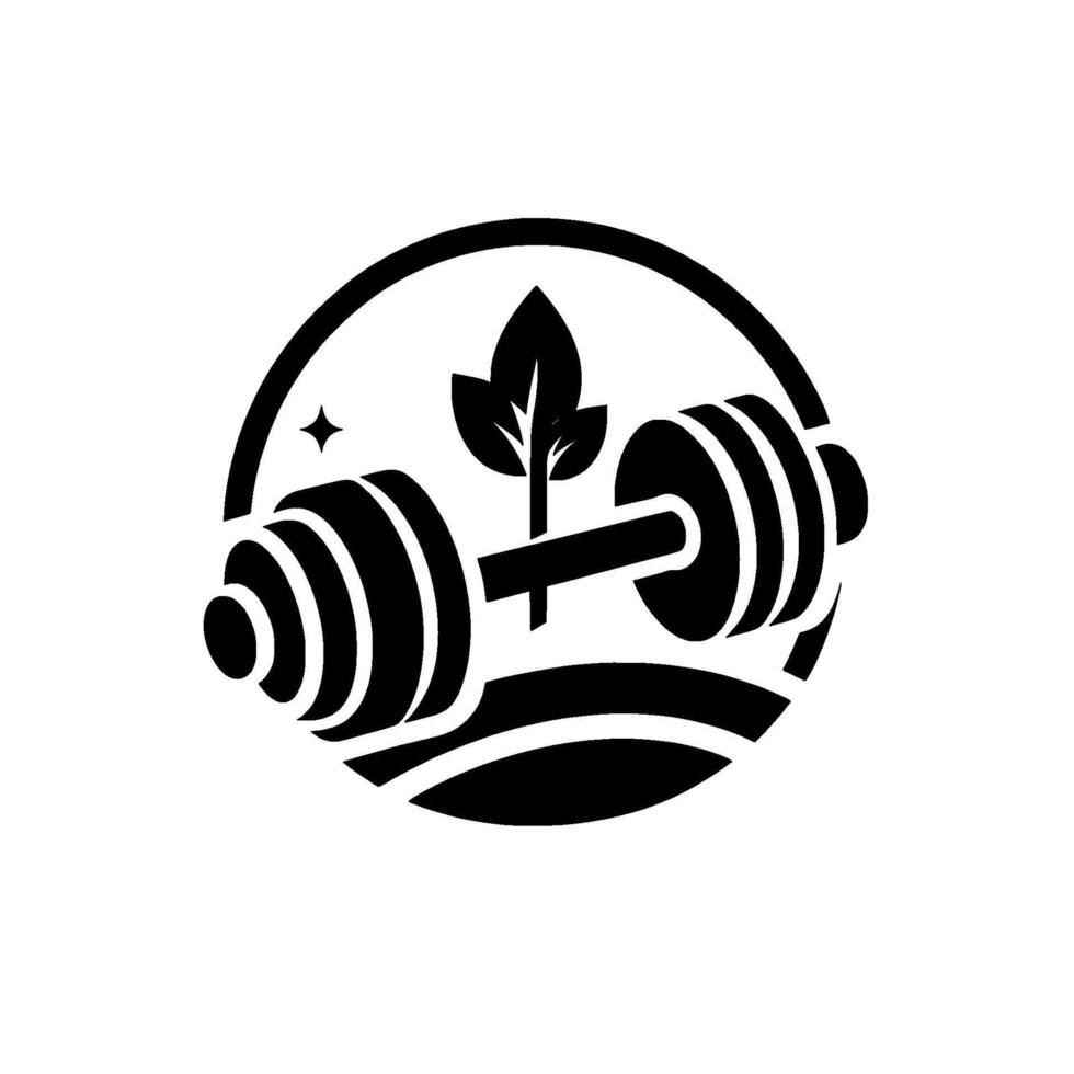 Monochromatic Gym with Barbell, Leaves, Star, and a Circular Frame Representing Healthy Lifestyle and Nature. vector