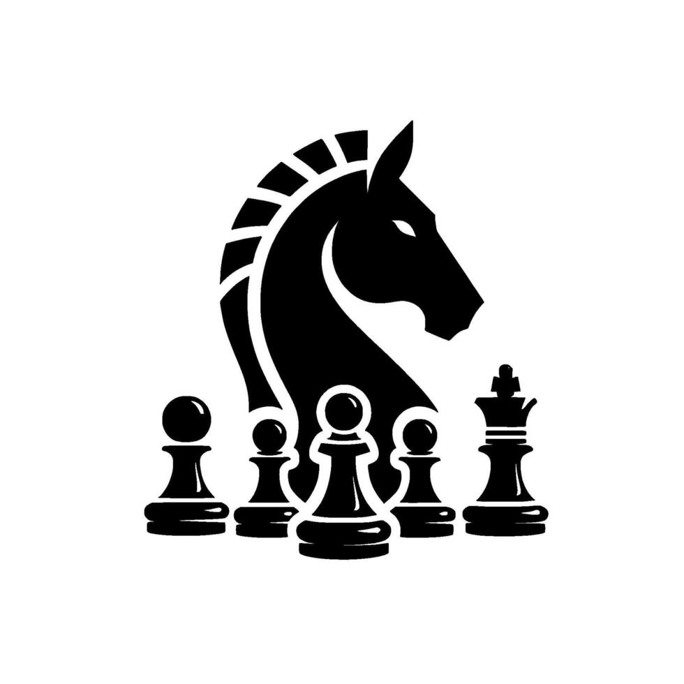 A bold black and white chess illustration featuring a knight piece, pawns, and a king, symbolizing strategy and competition. vector