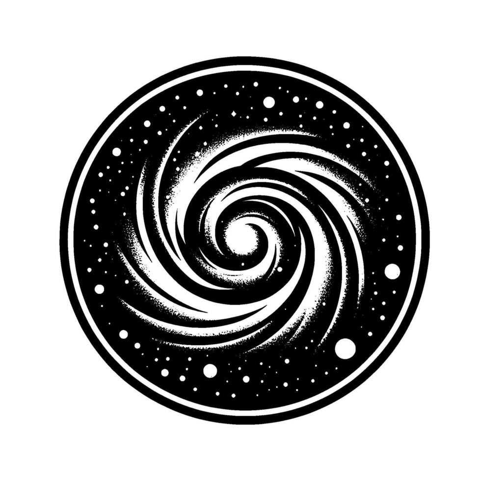 Monochrome illustration of a swirling cosmic vortex with a detailed, stylized starry outer ring, set on a white background, evoking a sense of mystery. vector