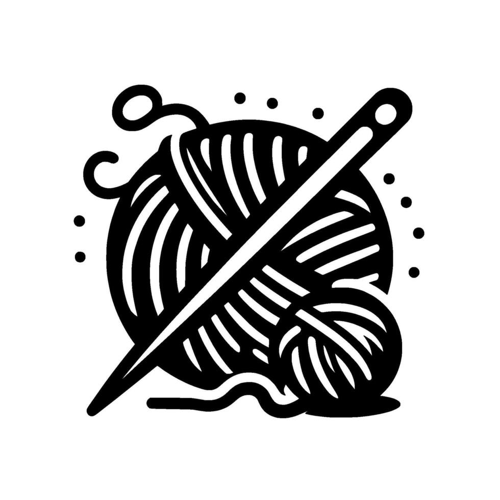 Bold Black and White Illustration of a Yarn Ball, Needle, and Smaller Spool, with a minimalist and stylized aesthetic, on a white background. vector