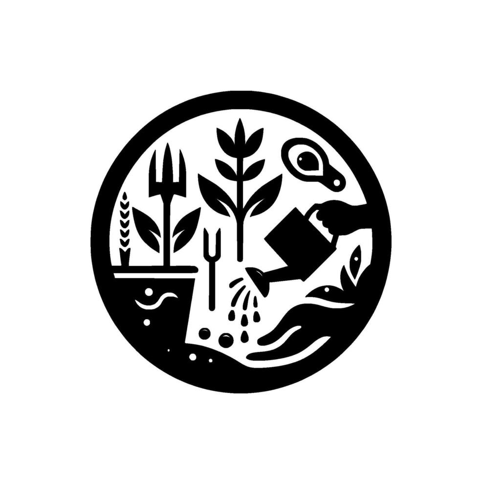 Circular Black and White Illustration Gardening Elements tools, plants, watering, nurturing on White Background. vector
