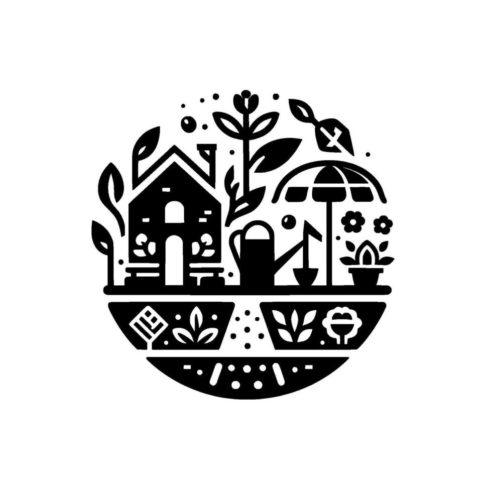 Whimsical Black and White Garden Illustration in a Circle, Featuring a House, Tools, Plants, and a Watering Can, Celebrating Nature. vector