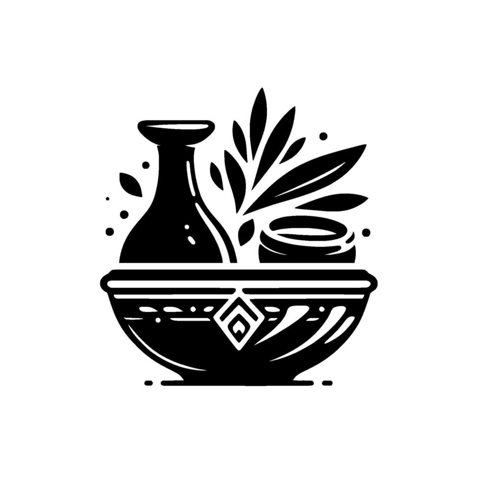 Symbolic Black and White Still Life of a Vase, Pot, and Foliage Arranged Inside an Ornate Bowl on White Background. vector