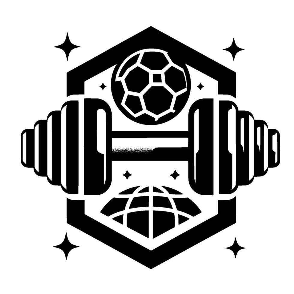 Black White Gym Soccer Emblem Dumbbell, Soccer Ball World Globe inside a Hexagon with Starburst Accents. vector