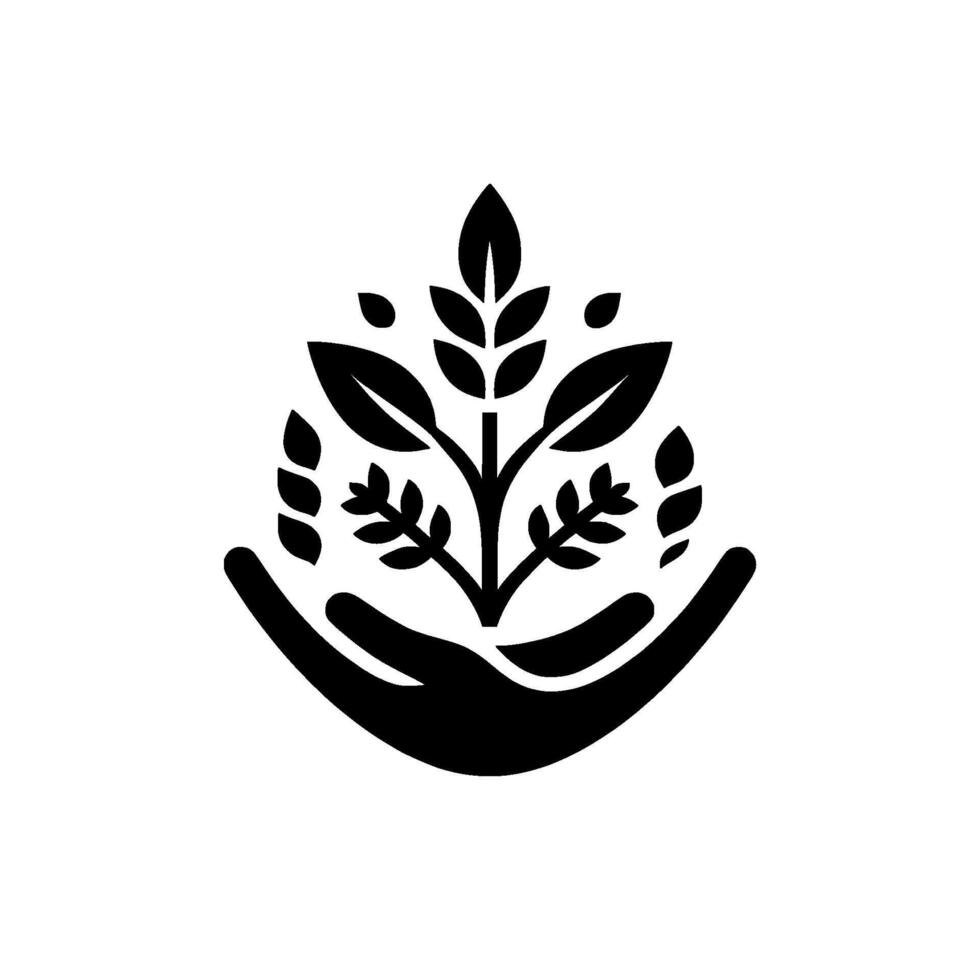 Symbolic Black Silhouette of Hands cradling a central plant with leaves and decorative accents on a white background, representing growth and care. vector