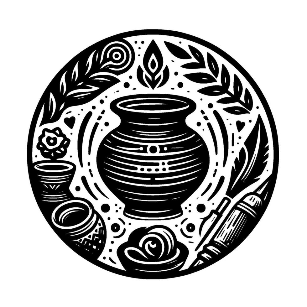 Circular, black and white artistic , featuring a central pottery vessel surrounded by flowers, foliage, quill pen, and ornamental elements, resembling a stamp or emblem. vector
