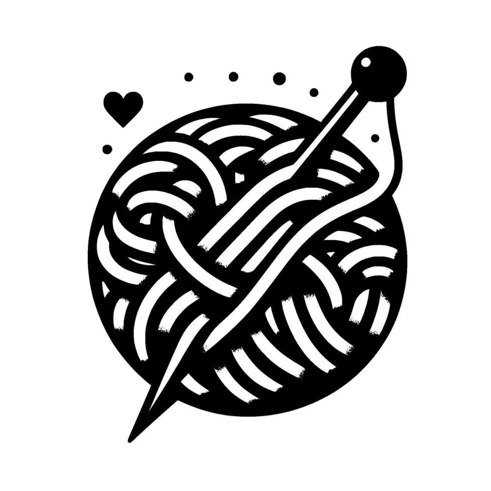 A stylized black and white illustration of a ball of yarn with a knitting needle and a heart, creating a cozy, handmade feel. vector