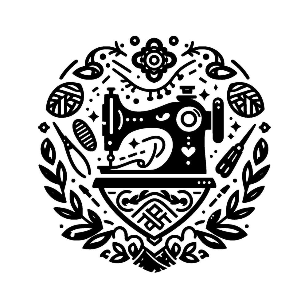 A circular emblem of a vintage sewing machine, surrounded by stylized tools and botanical motifs, crafted in a monochromatic . vector