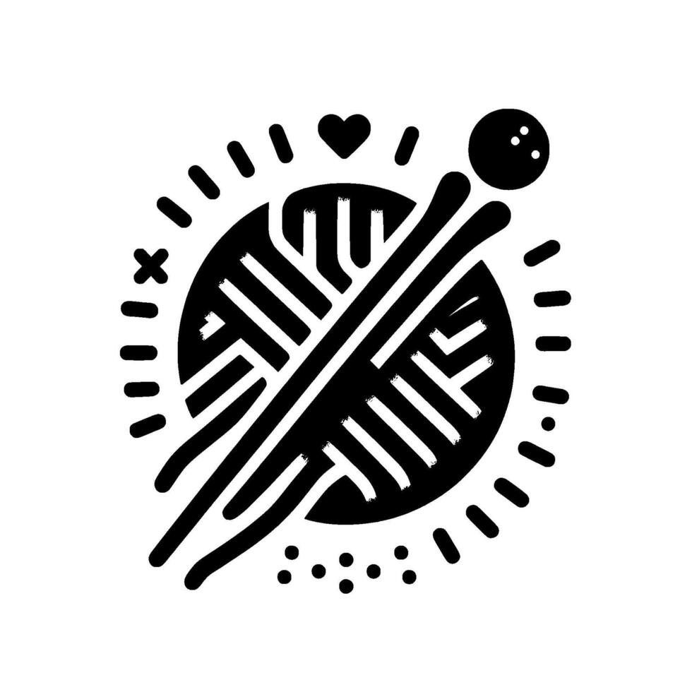 Abstract Black and White Artistic Depiction of Knitting, Featuring a Yarn Ball, Needles, Heart, and Radial Embellishments. vector