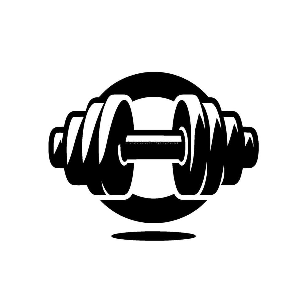 Bold Black and White Dumbbell Silhouette on Light Background, Featuring Weight Plates and Circle Shadow, Fitness . vector